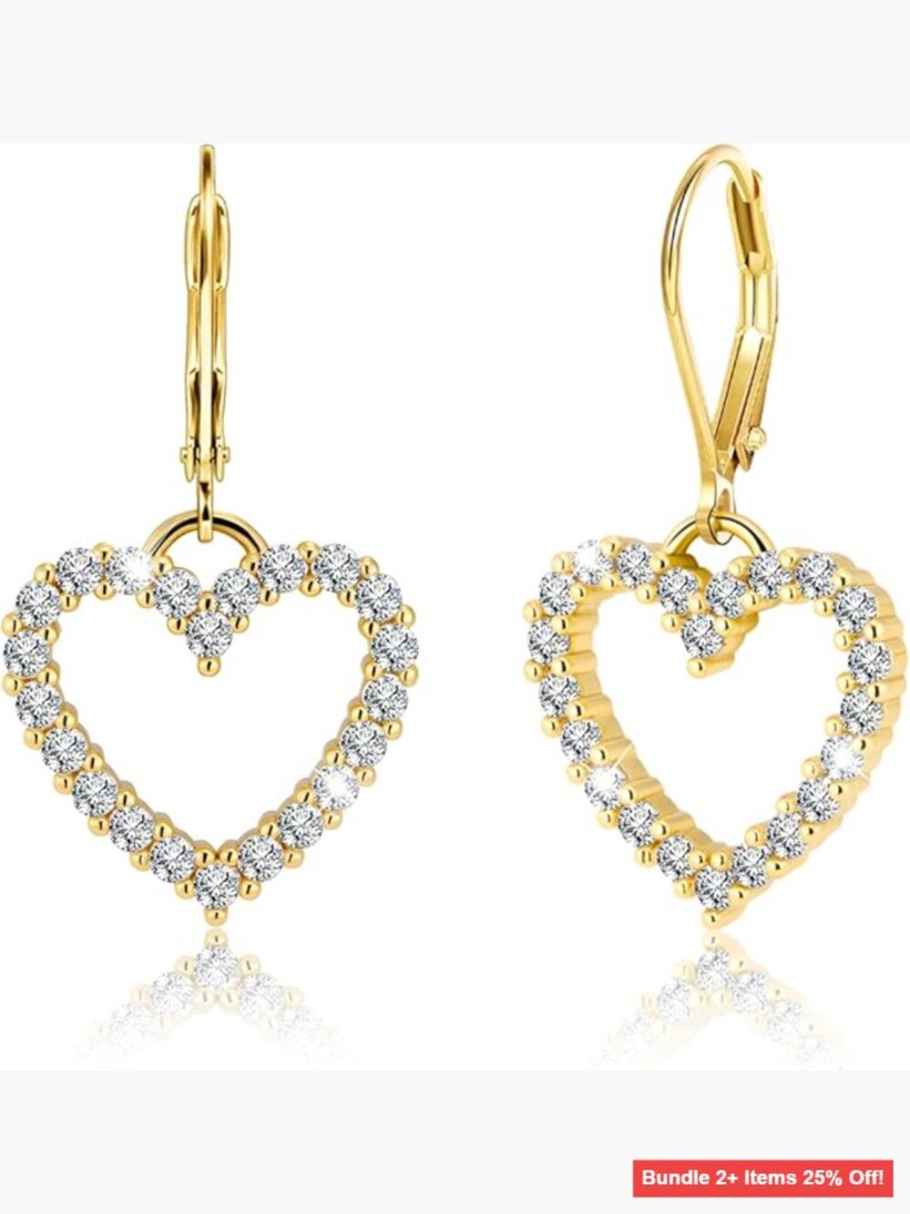 Sterling Silver 14K Gold Plated Heart Dangle Earrings Leverback Cubic Zirconia